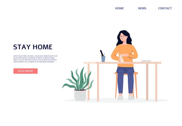Stanna hemma webbplats med kvinna engagerad med hantverk hobby platt vektor illustration. — Stock vektor