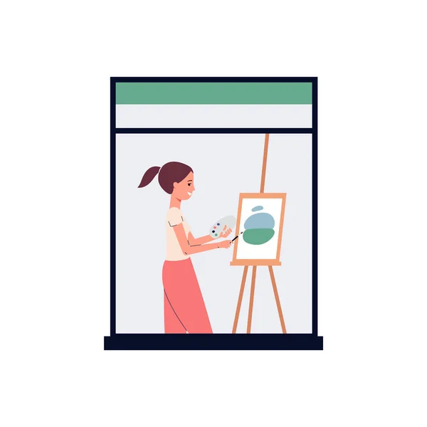 Dessin animé femme peignant une image dans la fenêtre artiste avec chevalet à la maison — Image vectorielle