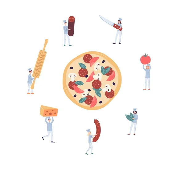 Små hövdingar tecken runt enorma pizza, platt vektor illustration isolerad. — Stock vektor