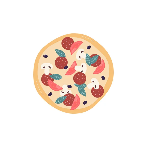 Topo de pizza inteira com salsicha e cogumelos ilustração vetorial plana isolada. —  Vetores de Stock