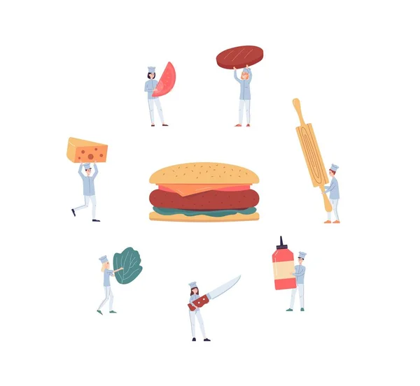 Lindos cocineros minúsculos cocinar una gran hamburguesa con queso vector ilustración aislada. — Archivo Imágenes Vectoriales