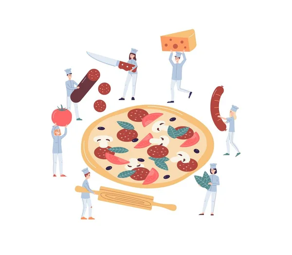 Gente cocinera cocinando pizza gigante - cocineros de dibujos animados cortando ingredientes alimentarios — Vector de stock