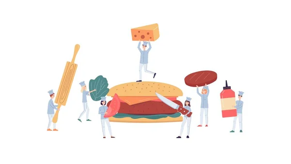 Pequeños cocineros o jefes recogiendo una hamburguesa gigante vector plano ilustración aislada. — Archivo Imágenes Vectoriales