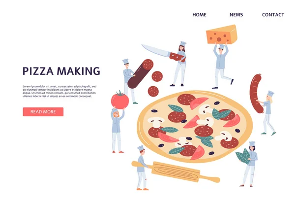 Webb banner för pizzeria med små hövdingar gör pizza, platt vektor illustration. — Stock vektor