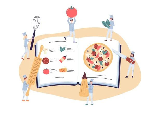 요리 책을 사용하여 피자를 만드는 늙은 사람, 평면 벡터 일러스트 분리. — 스톡 벡터