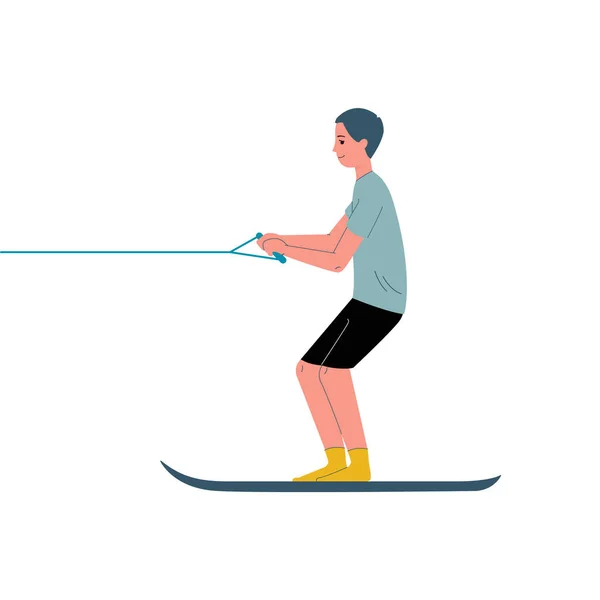 Hombre en esquí acuático o tabla de surf en perfil, ilustración vectorial plana aislada. — Vector de stock