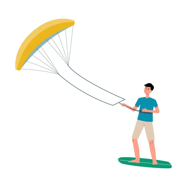 Desportista Kitesurf a bordo com paraquedas, ilustração vetorial plana isolada. — Vetor de Stock