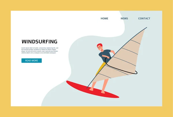 Banner web per windsurf sport con uomo personaggio piatto illustrazione vettoriale. — Vettoriale Stock