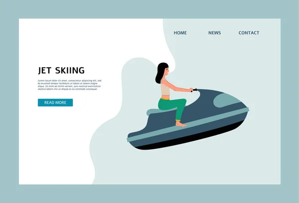 Jet skiing website banner with cartoon woman using water transport. — Stock Vector