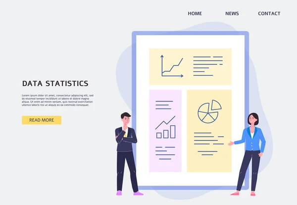 Website of data statistics with people watching graphs flat vector illustration. — Stock Vector