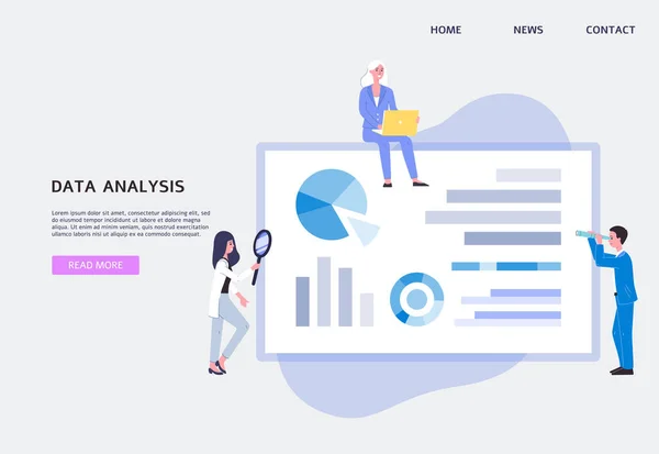 Banner web de análisis de datos con personas que analizan gráficos, ilustración de vectores planos. — Vector de stock