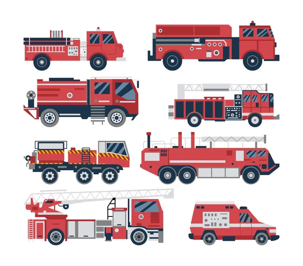 Juego de bomberos y camiones de bomberos: recogida aislada de vehículos de emergencia rojos — Vector de stock