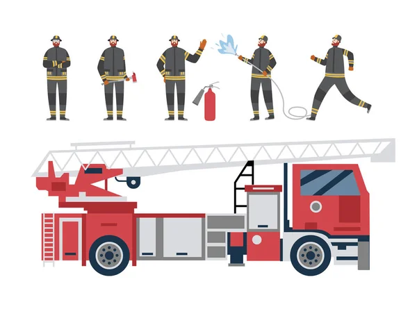 Red firetruck and firefighters, flat cartoon vector illustration isolated — Stock Vector