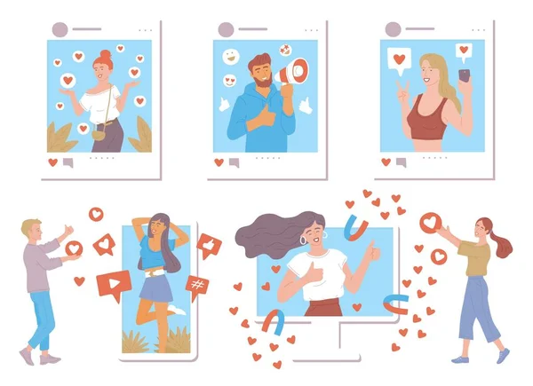 Influenciadores de mídia social com gostos e corações um conjunto de ilustrações planas vetoriais — Vetor de Stock