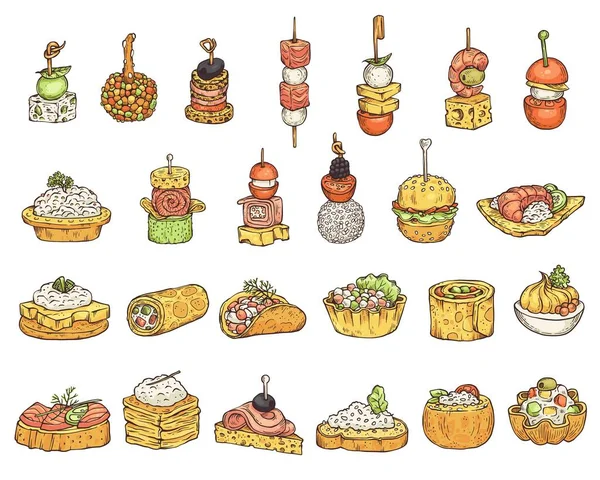 Set of snacks or appetizers cartoon icons sketch vector illustration isolated. — Stock Vector
