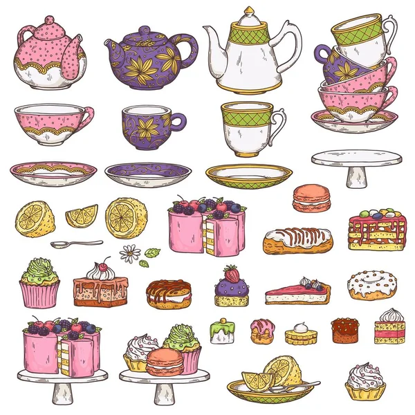 Set von Tee-Utensilien und süßen Desserts in Skizze Vektor Illustration isoliert. — Stockvektor