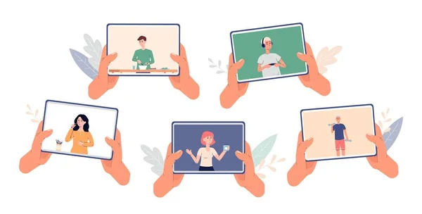 Conjunto de tutoriais em vídeo sobre tablets, ilustração vetorial cartoon plana isolado — Vetor de Stock