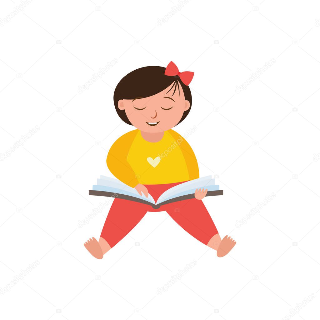 Little girl sitting with book and reading flat vector illustration isolated.