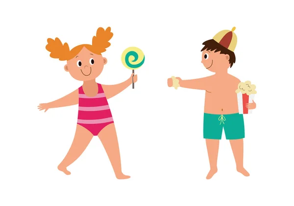 Happy children in swimsuits a flat cartoon isolated vector illustration — Stock Vector