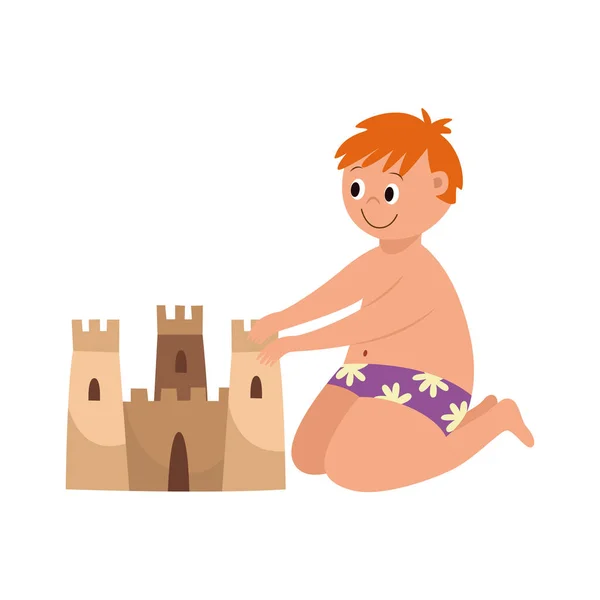 Ilustração vetorial plana isolada de uma criança construindo um castelo de areia na praia — Vetor de Stock