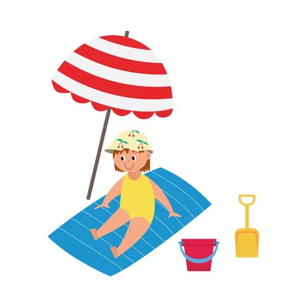 Gyerek a strandon törölköző alatt esernyő, lapos rajzfilm vektor illusztráció elszigetelt — Stock Vector