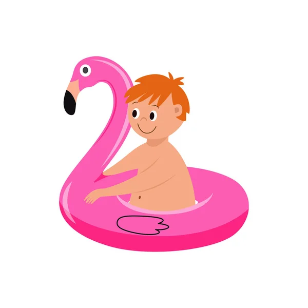小さな男の子の水泳とともに浮動リングフラットベクトルイラスト孤立. — ストックベクタ