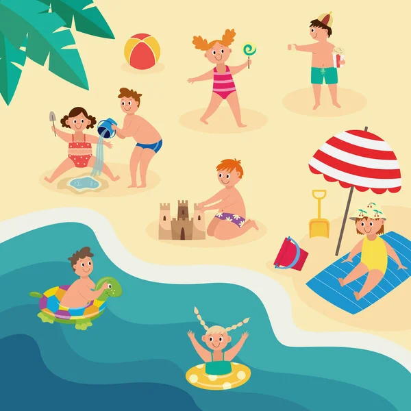 Niños divirtiéndose y nadando en la playa, ilustración plana vector de dibujos animados — Archivo Imágenes Vectoriales