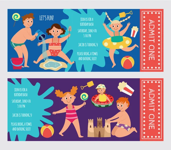 Bilety dla dzieci aquapark i plaża plac zabaw płaski wektor ilustracja. — Wektor stockowy