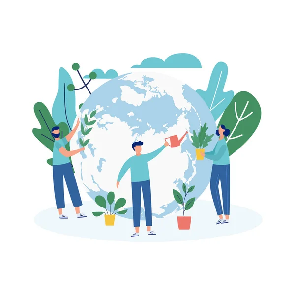 Ecologische banner met ecologen die bomen planten, vectorillustratie geïsoleerd. — Stockvector