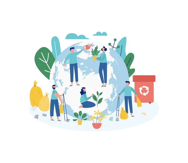 Cartel de Ecología - gente de dibujos animados plantando árboles en el globo terráqueo. — Vector de stock