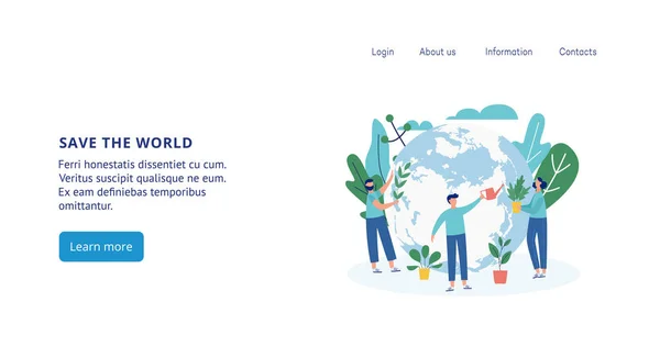 Banner do site de ecologia - pessoas de desenhos animados em torno do globo terrestre —  Vetores de Stock