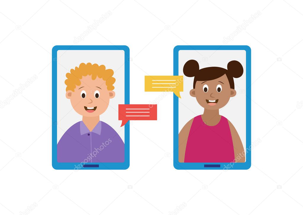 Online communication for kids using of instant messenger vector flat illustration