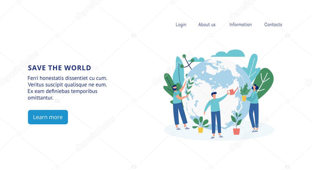 Ecology website banner - cartoon people standing around Earth globe
