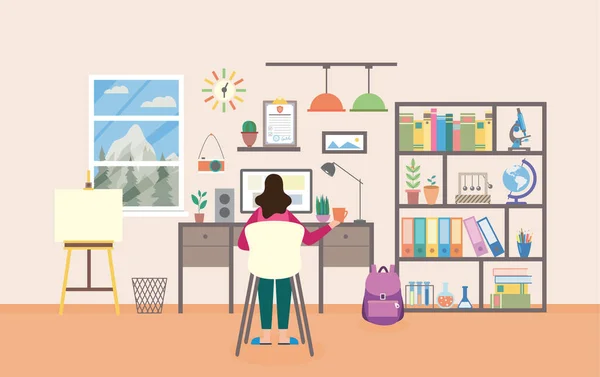 Γυναίκα σπουδάζει και εργάζεται από το σπίτι στο χώρο εργασίας, επίπεδη απεικόνιση φορέα κινουμένων σχεδίων — Διανυσματικό Αρχείο