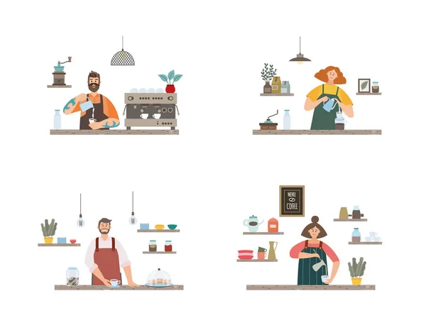 Barista 's maken koffie aan bar teller een set van vector geïsoleerde illustraties — Stockvector