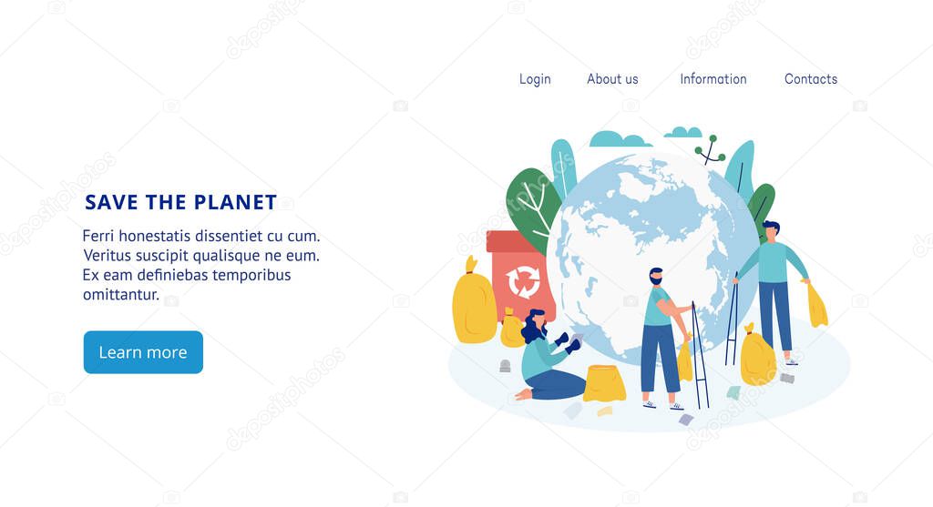 Save the planet landing page for website, flat cartoon vector illustration