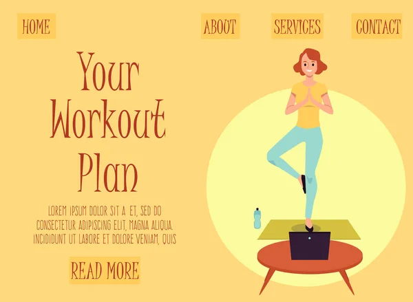 Bannière de site Web de plan d'entraînement avec la femme de dessin animé faisant le yoga avec l'ordinateur portable — Image vectorielle