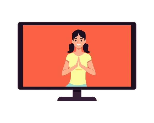 Mujer de dibujos animados en pose de yoga en la pantalla del ordenador, instructor de entrenamiento — Vector de stock