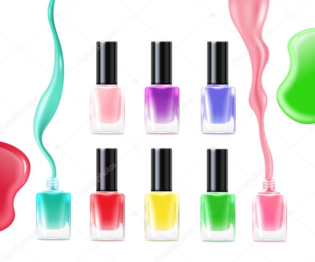 Vector 3d realistic isolated illustration of set glass bottles of nail polish