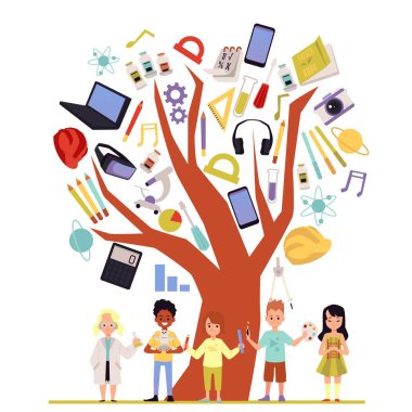 Children education with gadgets and school supplies, flat vector illustration.