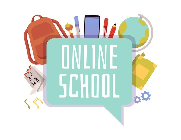 Online school banner design with stationery flat vector illustration isolated. — Stock Vector