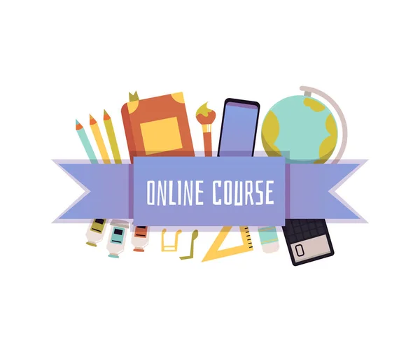 Online course badge for computer education, flat vector illustration isolated. — Stock Vector
