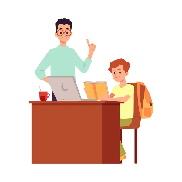 Boy and teacher at computer desk - cartoon pupil reading a book at home — Stock Vector