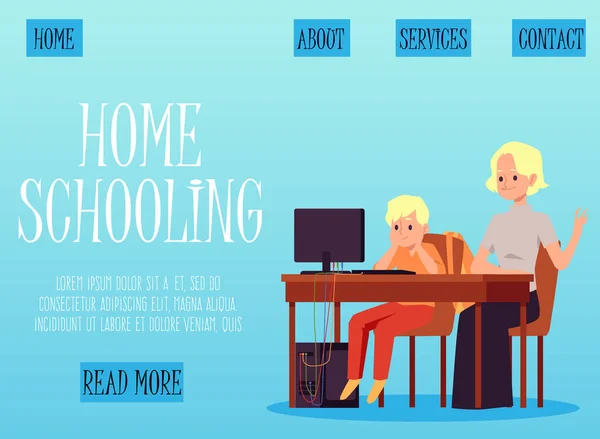 Homeschoolling en leren webpagina met kind leren platte vector illustratie. — Stockvector