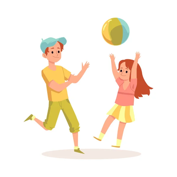 Αδελφός και αδελφή παίζει με μπάλα, επίπεδη απεικόνιση φορέα κινουμένων σχεδίων απομονωμένη — Διανυσματικό Αρχείο