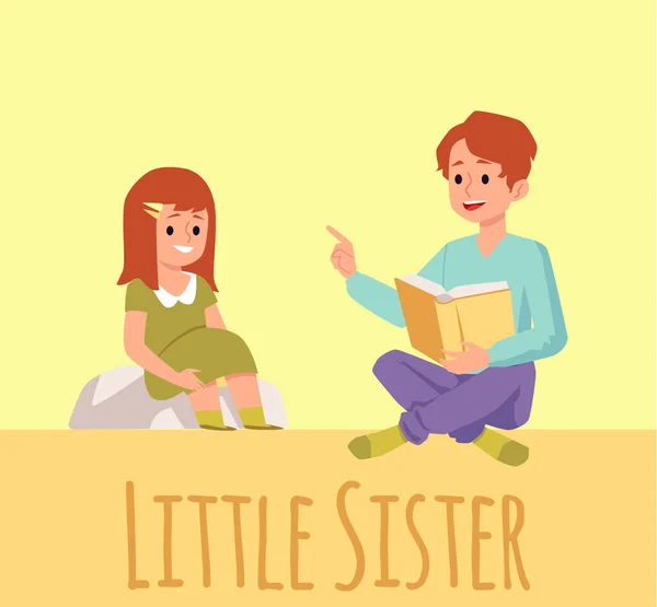 Platt vektor illustration av en bror som läser en bok för sin lillasyster — Stock vektor