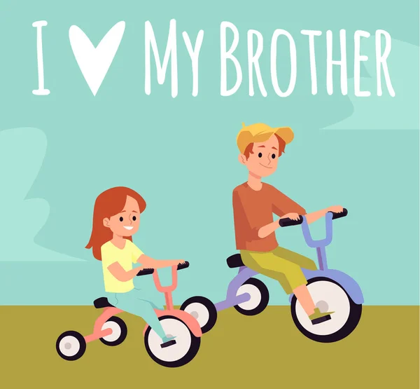 Hermanos montando en bicicleta - tarjeta de dibujos animados con niño y niña — Archivo Imágenes Vectoriales