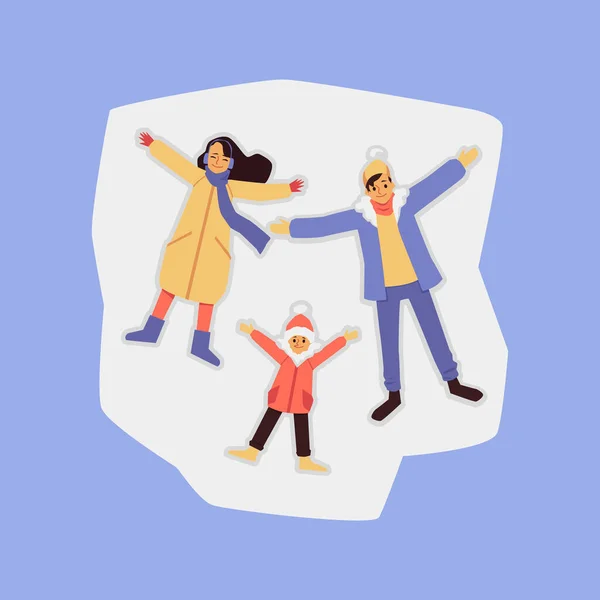 雪の天使を作る幸せな家族-地面に横たわっている子供を持つ親 — ストックベクタ