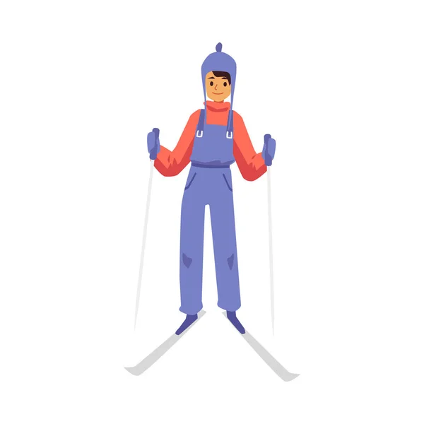 Bambino in abiti caldi sugli sci un fumetto piatto isolato vettoriale illustrazione — Vettoriale Stock