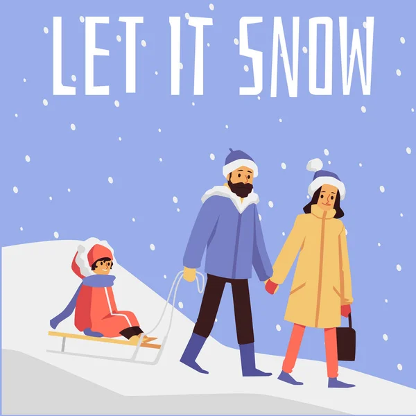 Οικογένεια μεταφέρουν παιδί σε έλκηθρο σε αφίσα χιονιού, επίπεδη εικονογράφηση φορέα κινουμένων σχεδίων — Διανυσματικό Αρχείο